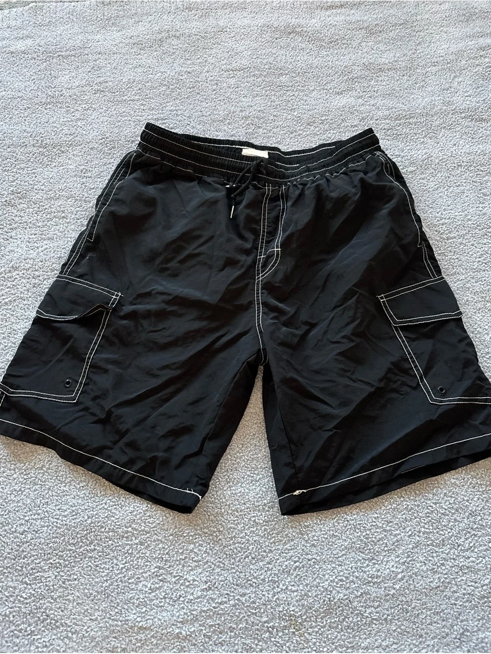 Men's Black Cargo Swim Trunks with Contrast Stitching